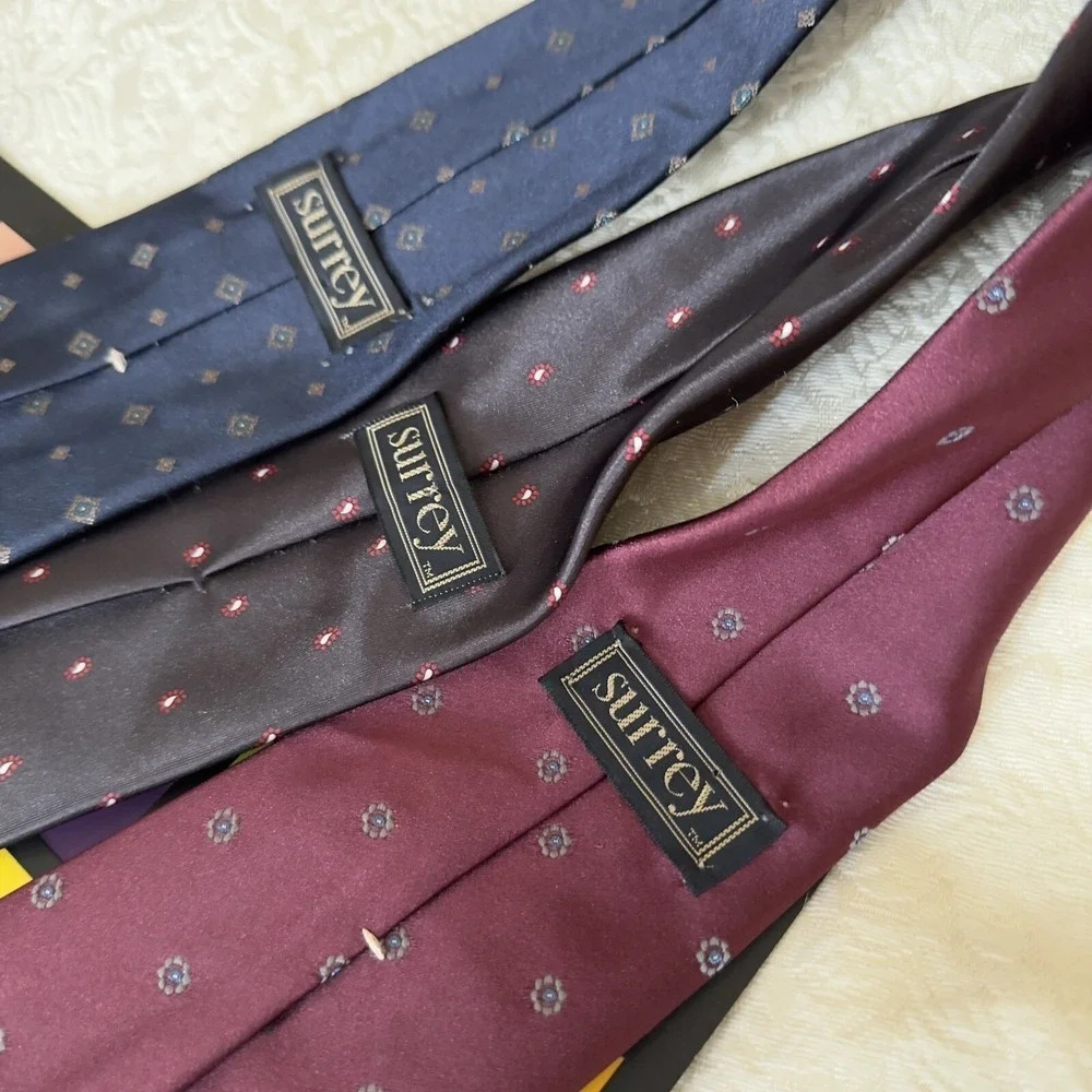 3 Surrey Vintage Men's Neck Dad Ties Set Three Red Blue Paisley Poly Silk Work